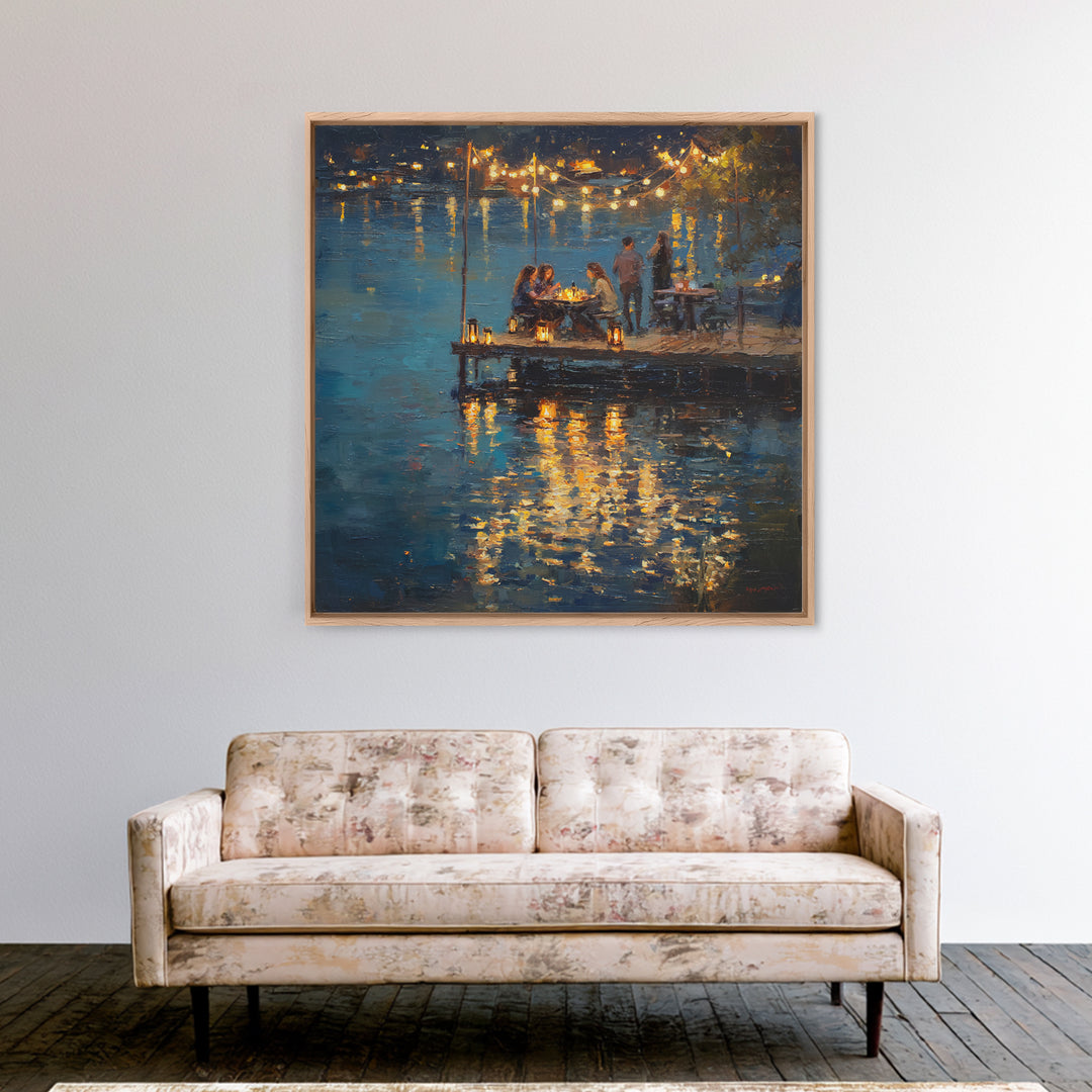 Romantic Lakeside Dinner Painting Wall Art, Warm Night Dock Scene Framed Canvas Print, Cozy Living Room And Dining Decor