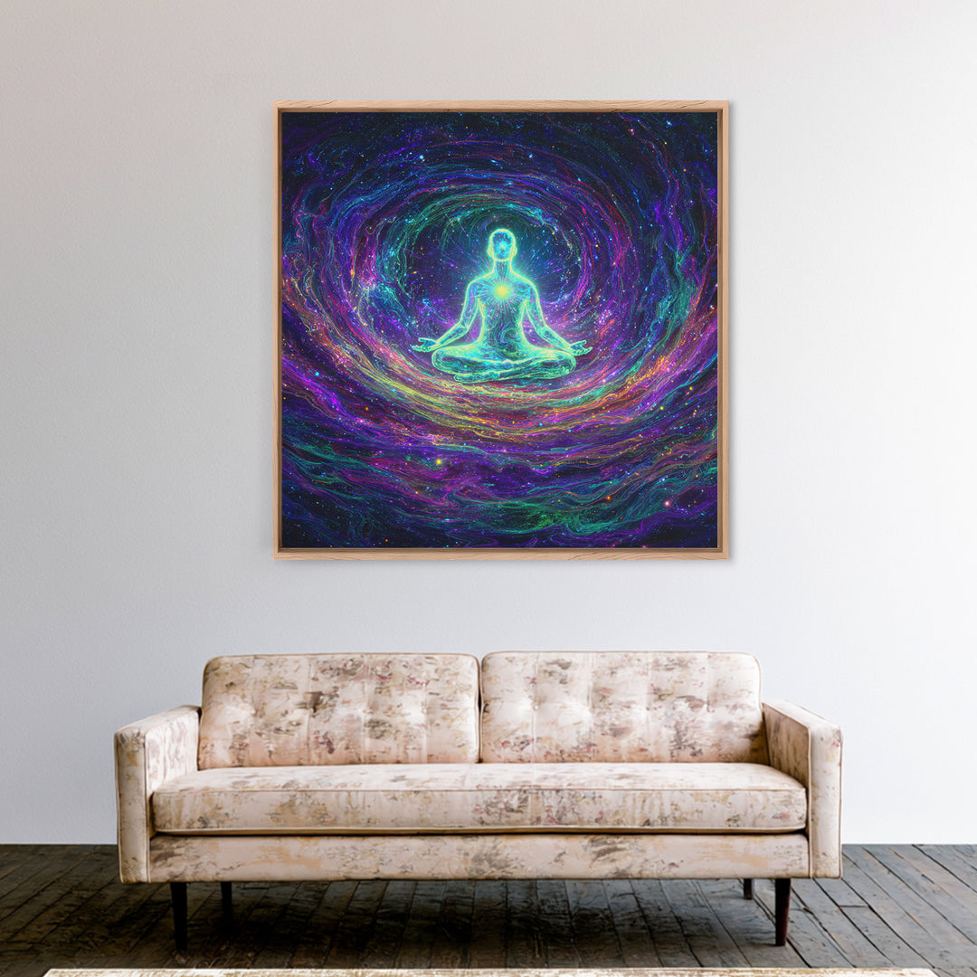 Glowing Figure Meditating In Cosmic Swirl Wall Art, Psychedelic Galaxy Canvas Print, Spiritual Mystical Home Decor