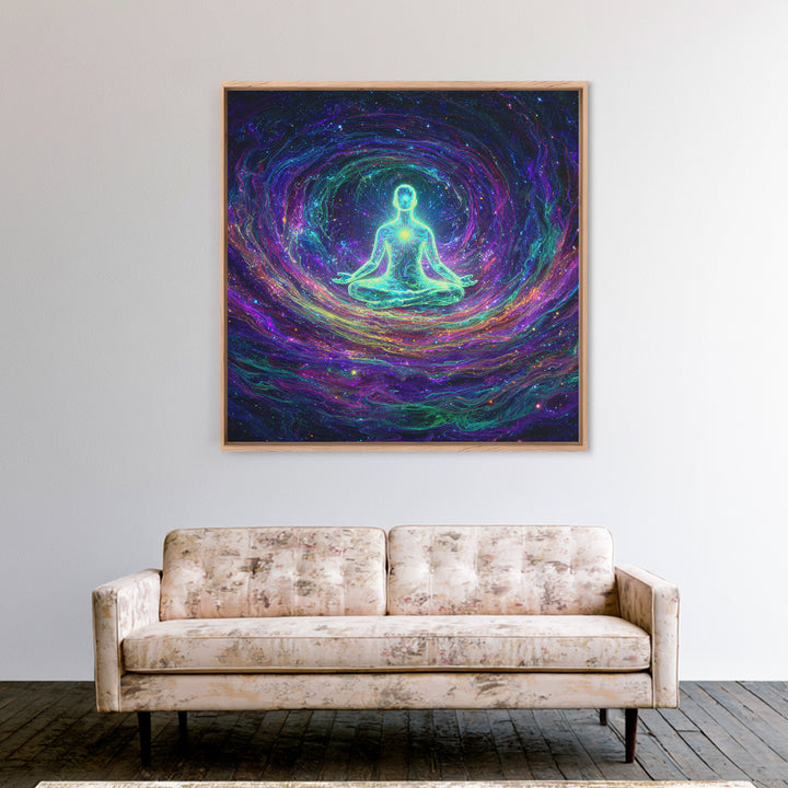 Glowing Figure Meditating In Cosmic Swirl Wall Art, Psychedelic Galaxy Canvas Print, Spiritual Mystical Home Decor