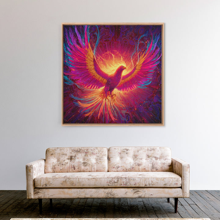 Radiant Phoenix With Fiery Wings Canvas Print, Mythical Bird Fantasy Wall Art, Vibrant Celestial Home Decor Gift For Living Room