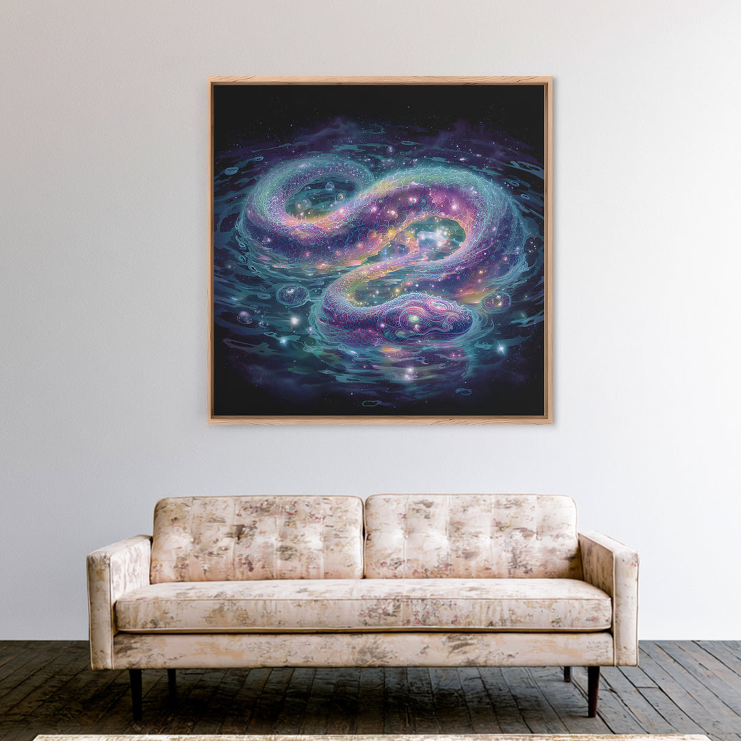 Cosmic Serpent Galaxy Wall Art, Mystical Space Dragon Framed Canvas Print, Celestial Fantasy Art For Modern Living Room Decor