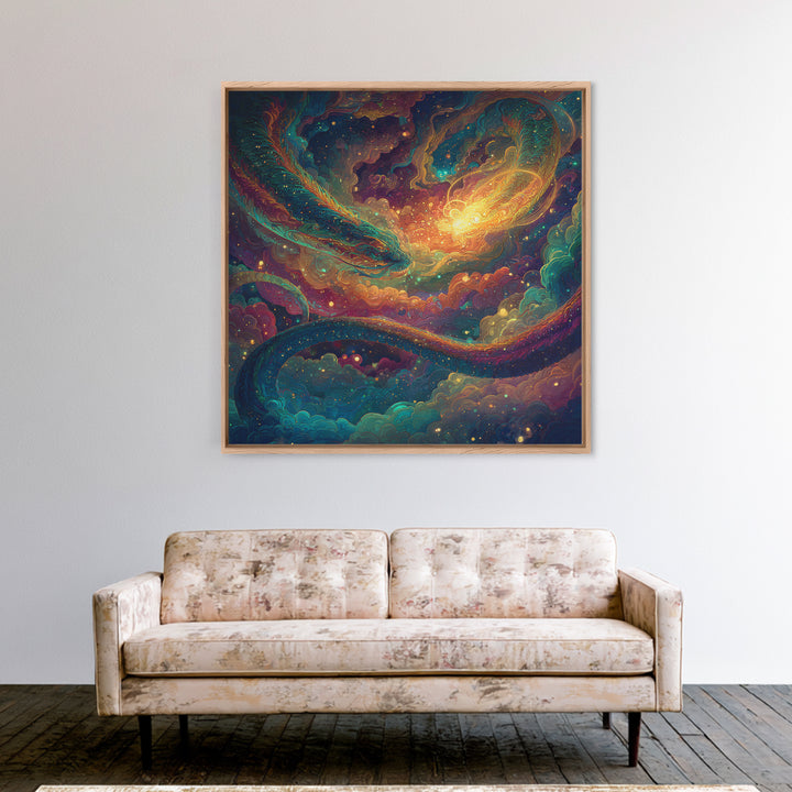 Cosmic Dragon And Phoenix Fantasy Wall Art, Colorful Celestial Galaxy Framed Canvas Print, Mystical Surreal Home Decor