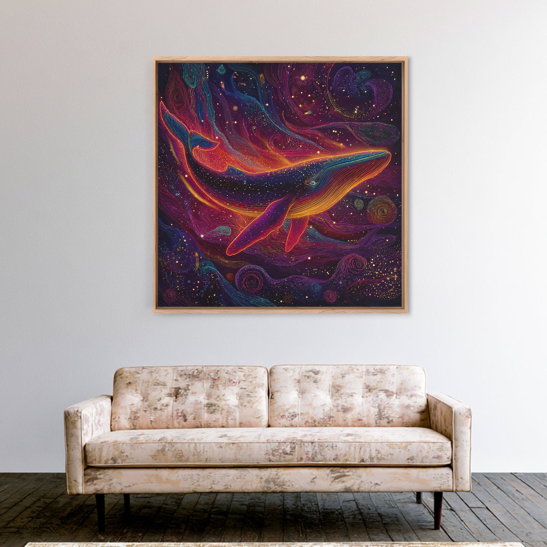 Colorful Cosmic Whale Swimming In Galaxy Wall Art, Psychedelic Space Art Print, Fantasy Ocean Decor, Kids Room Canvas Print