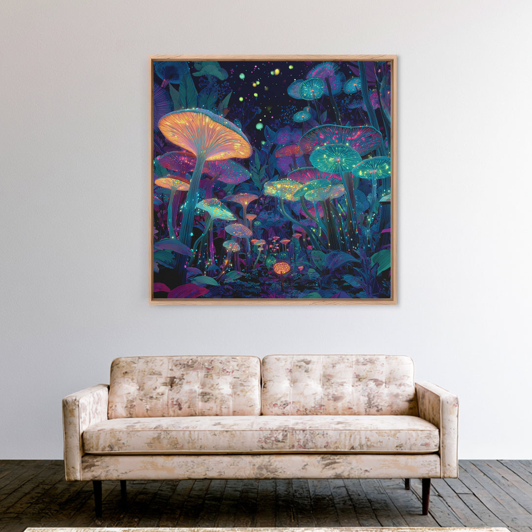 Glowing Mushrooms Fantasy Forest Wall Art, Whimsical Night Garden Painting, Colorful Nature Art Print, Magical Canvas Print