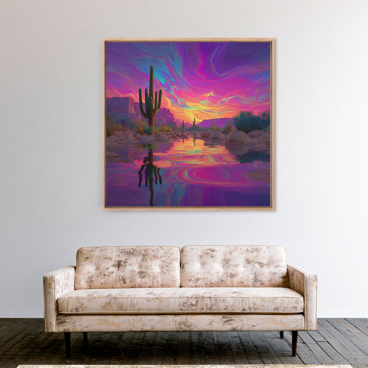 Neon Desert Cactus Sunset Wall Art Canvas Print Colorful Southwestern Landscape Art Modern Home Decor