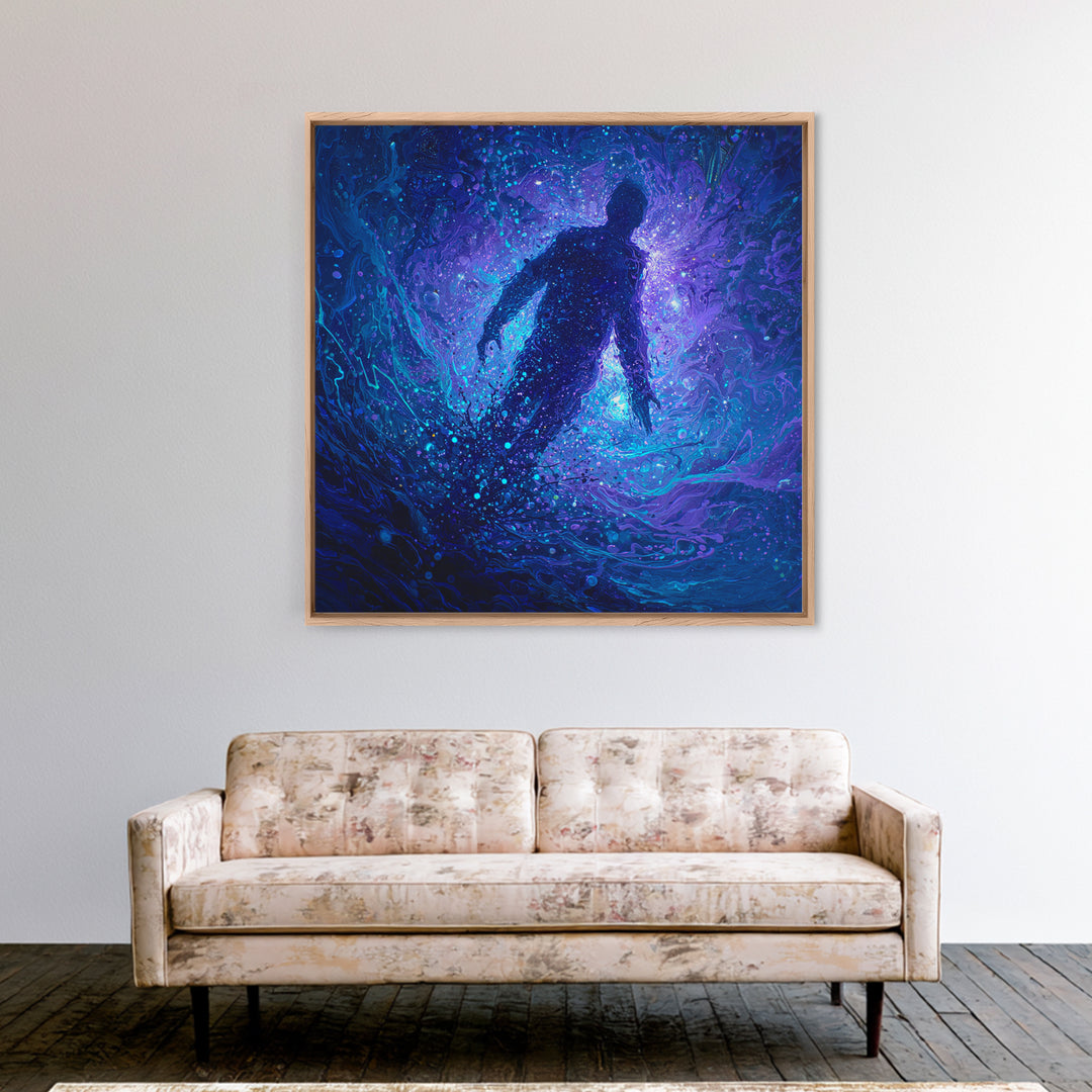 Surreal Figure Floating In Cosmic Blue Swirl Canvas Print, Abstract Space Art, Mystical Wall Art For Modern Living Room Decor