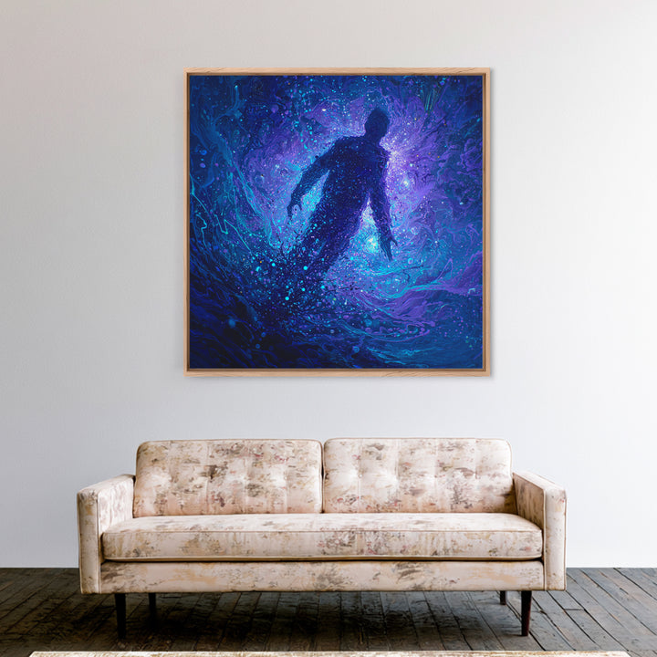 Surreal Figure Floating In Cosmic Blue Swirl Canvas Print, Abstract Space Art, Mystical Wall Art For Modern Living Room Decor