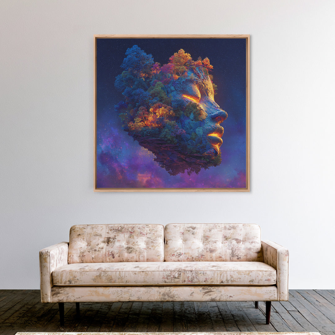 Cosmic Mother Earth Face Wall Art, Fantasy Floating Island Landscape Canvas Print, Vibrant Galaxy Home Decor