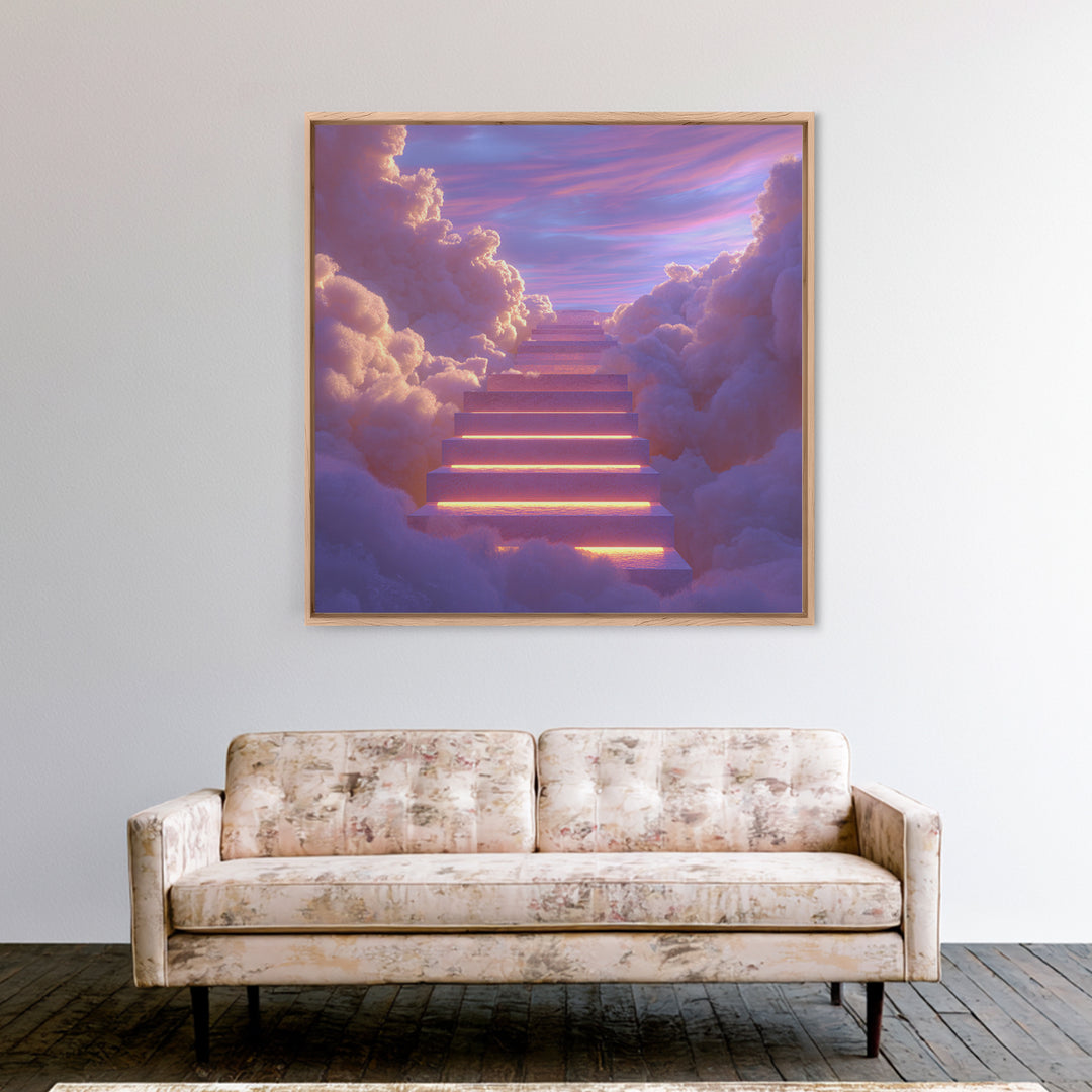 Glowing Stairway Through Pastel Clouds Wall Art, Dreamy Celestial Canvas Print, Calming Bedroom Decor For Nursery And Meditation Room