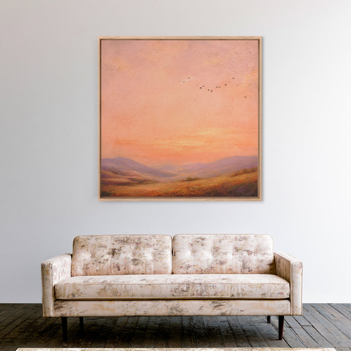 Peach Sunset Valley Landscape Wall Art, Textured Oil Painting Print, Warm Nature Decor, Large Living Room Canvas Wall Decor