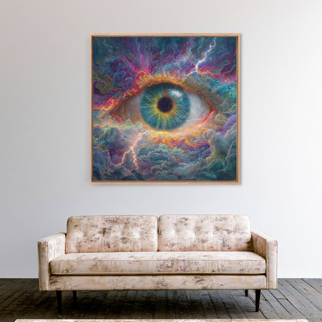 Cosmic Eye In Storm Clouds Framed Canvas Print, Surreal Celestial Wall Art, Psychedelic Visionary Decor For Office And Living Room