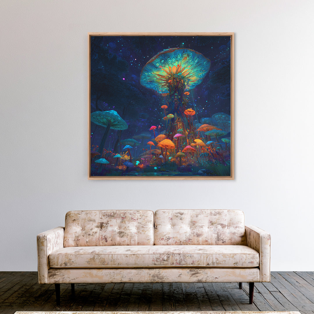 Enchanted Bioluminescent Mushroom Forest Wall Art, Vibrant Fantasy Landscape Canvas Print, Whimsical Nature Home Decor