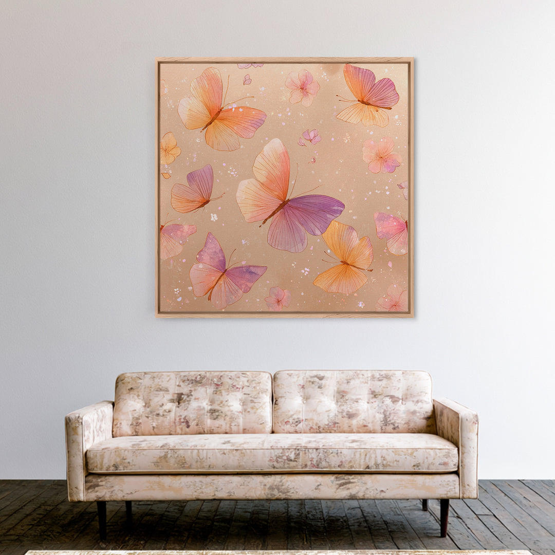 Pink Orange Butterfly Garden Wall Art, Whimsical Floral Canvas Print, Feminine Nursery Decor, Cute Girls Room Art, Gift For Her