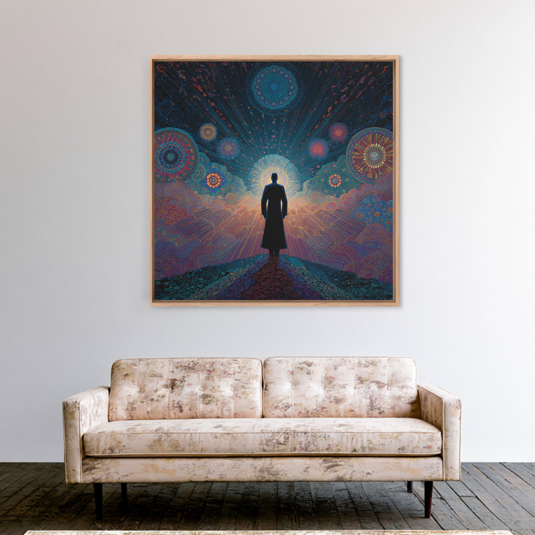 Mystical Figure Under Cosmic Sky Wall Art, Psychedelic Galaxy Path Print, Spiritual Visionary Surreal Art Canvas Print