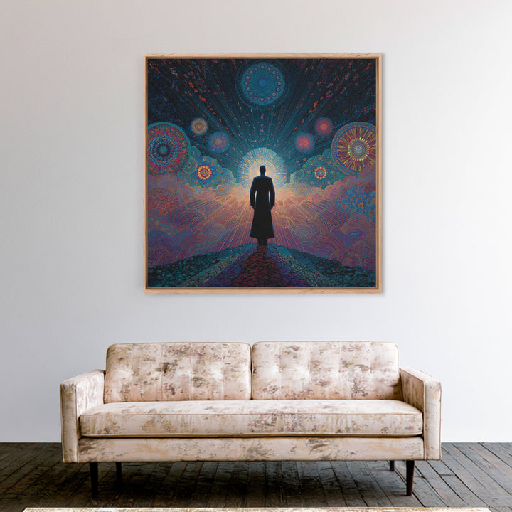 Mystical Figure Under Cosmic Sky Wall Art, Psychedelic Galaxy Path Print, Spiritual Visionary Surreal Art Canvas Print