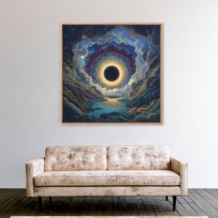 Mystic Solar Eclipse Over Blue Valley Framed Canvas Print, Celestial Landscape Wall Art, Moody Fantasy Home Decor For Bedroom
