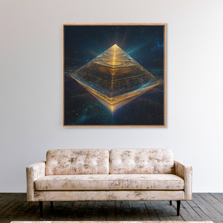 Golden Futuristic Pyramid In Galaxy Surreal Space Wall Art, Cosmic Sci Fi Home Decor, Modern Canvas Print