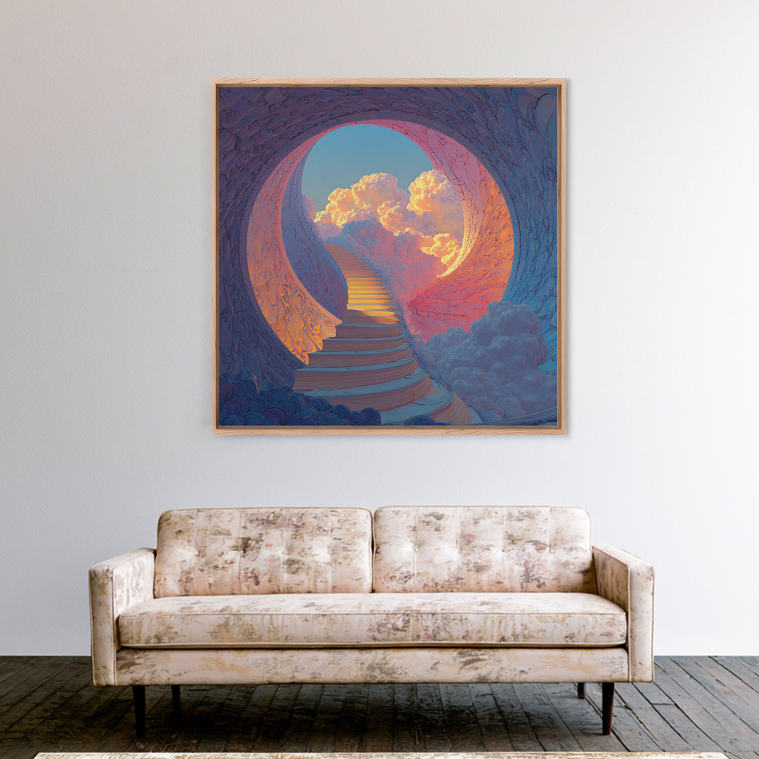 Heavenly Stairway To Clouds Wall Art, Dreamy Fantasy Landscape Canvas Print, Calming Surreal Art For Bedroom Decor