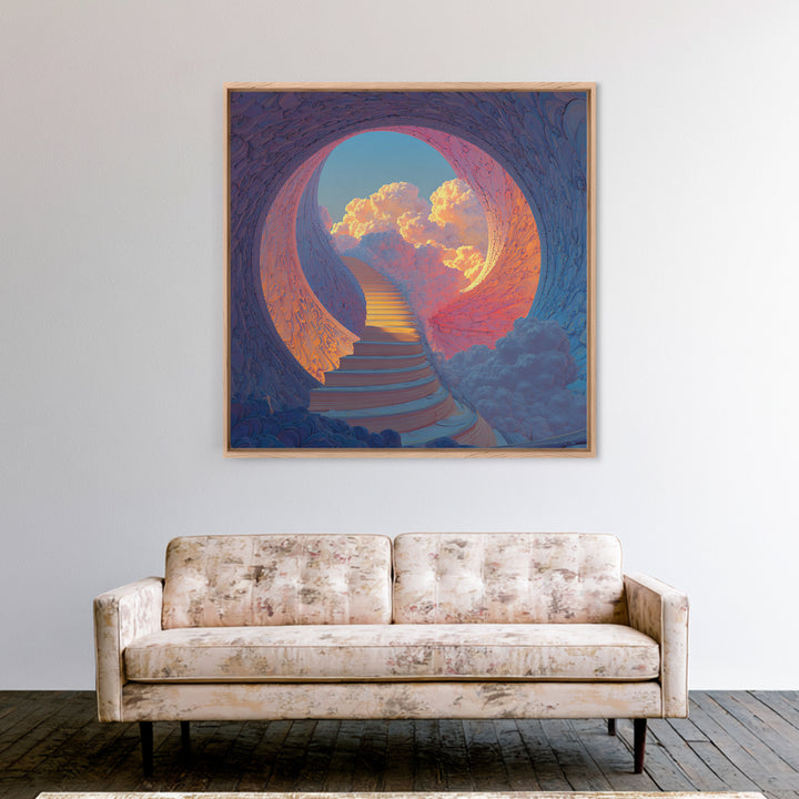 Heavenly Stairway To Clouds Wall Art, Dreamy Fantasy Landscape Canvas Print, Calming Surreal Art For Bedroom Decor
