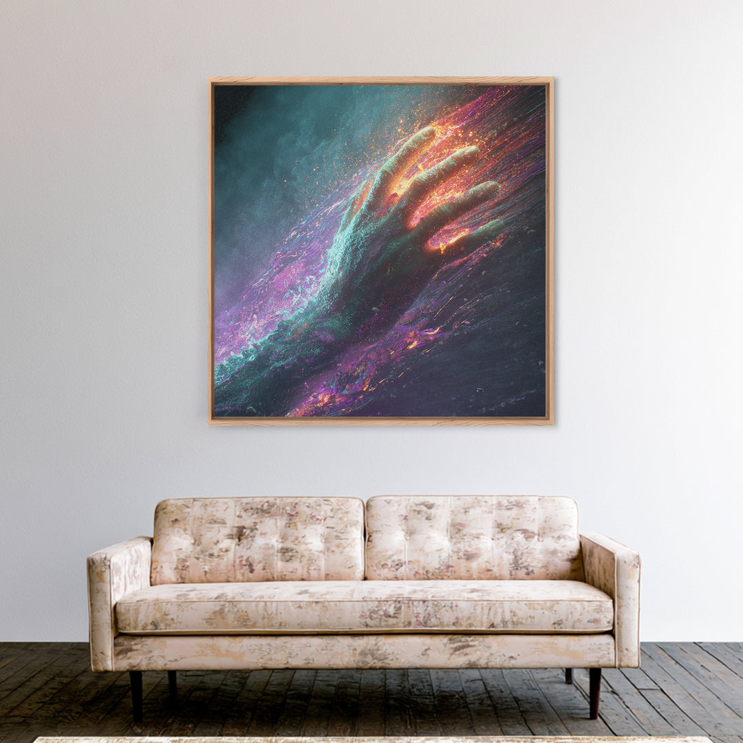 Abstract Cosmic Hand Reaching Wall Art, Surreal Galaxy Canvas Print, Modern Statement Artwork For Living Room Or Office
