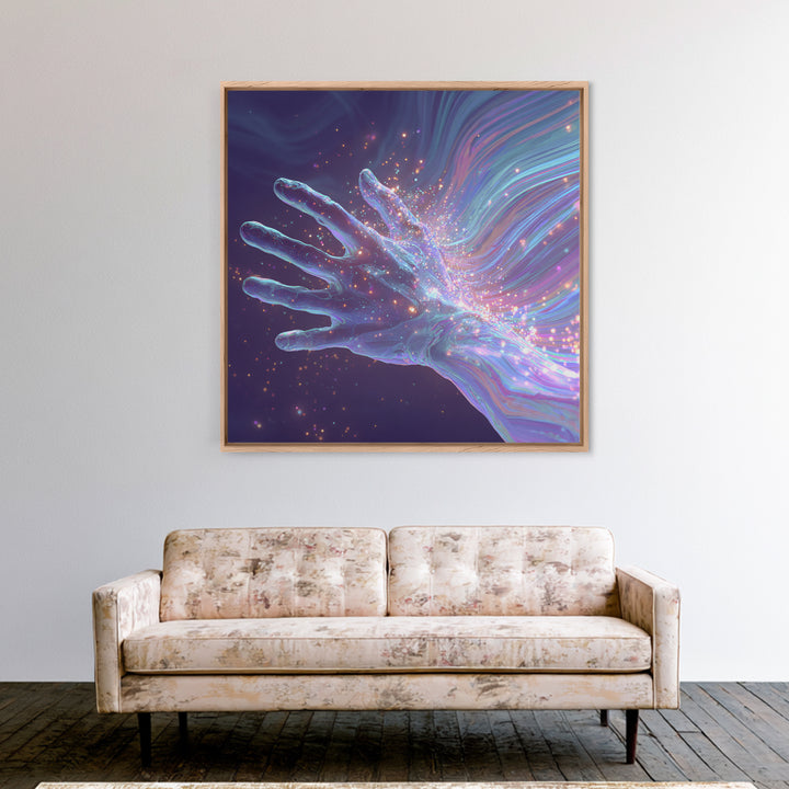 Iridescent Hand With Sparkles Surreal Wall Art, Futuristic Abstract Canvas Print For Modern Office Decor And Gamer Room