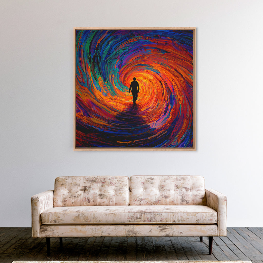 Man Walking Into Vortex Abstract Wall Art, Colorful Surreal Tunnel Painting, Modern Abstract Art Print, Statement Canvas Print