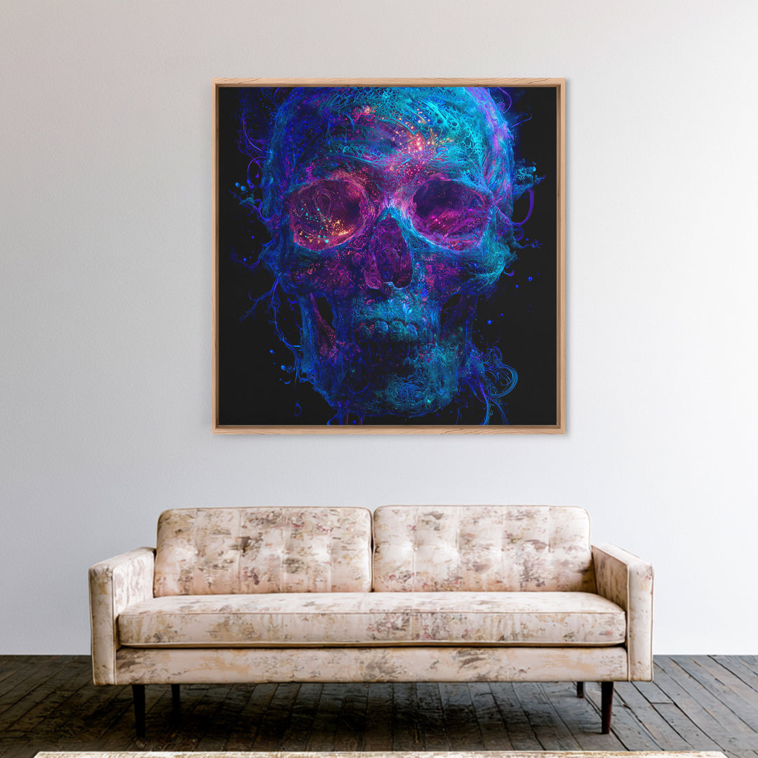 Neon Cosmic Skull Wall Art, Psychedelic Galaxy Bones Canvas Print, Dark Surreal Abstract Art For Gaming Room Or Modern Home Decor