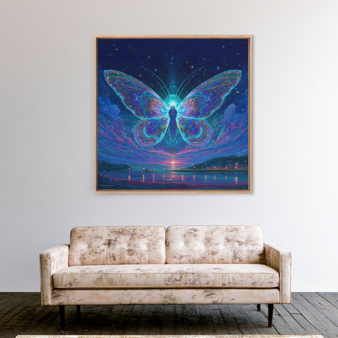 Cosmic Butterfly Over Water Wall Art, Psychedelic Celestial Canvas Print, Fantasy Night Sky Home Decor