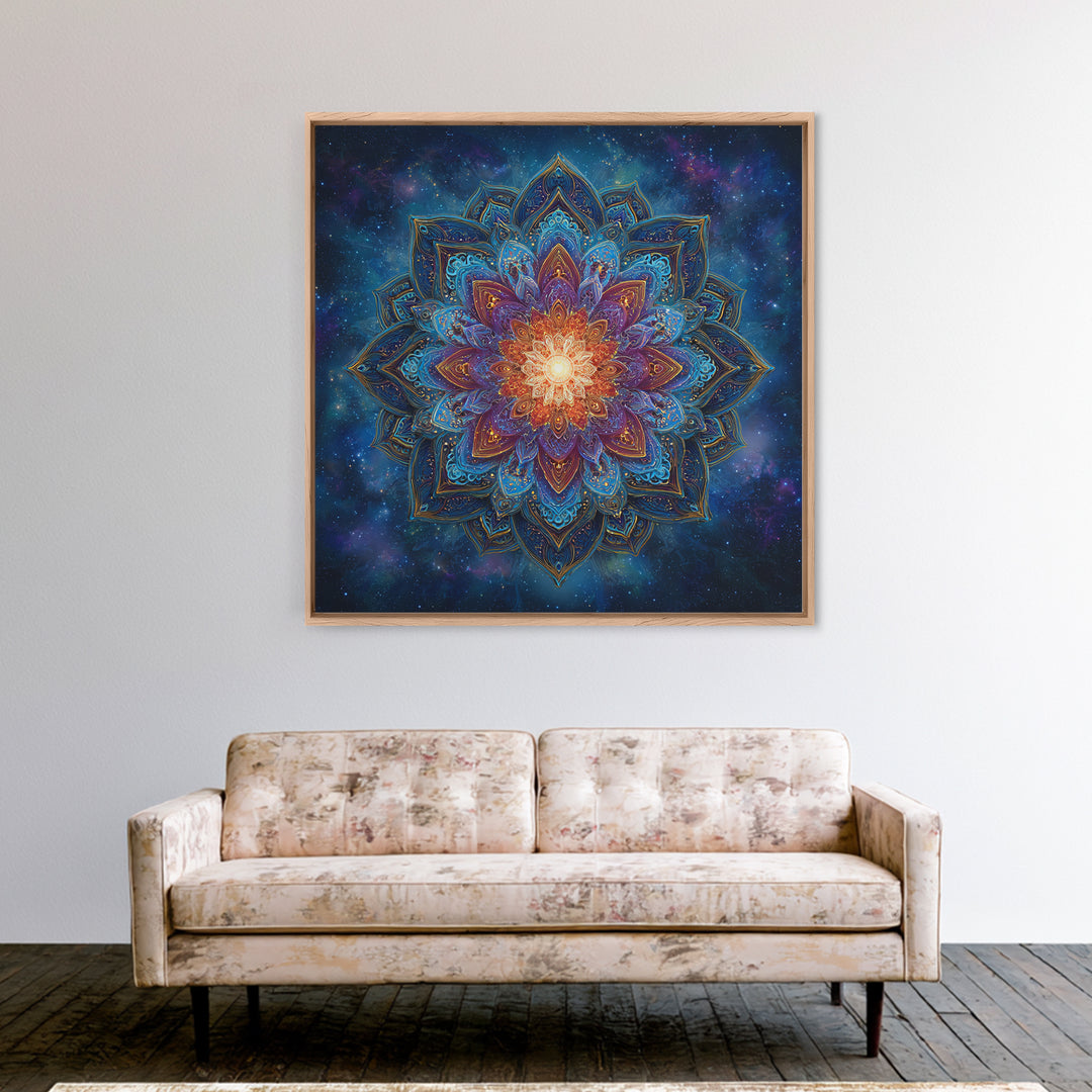 Cosmic Lotus Mandala Galaxy Wall Art, Celestial Spiritual Canvas Print, Mystic Meditation Room Decor Colorful Abstract Art