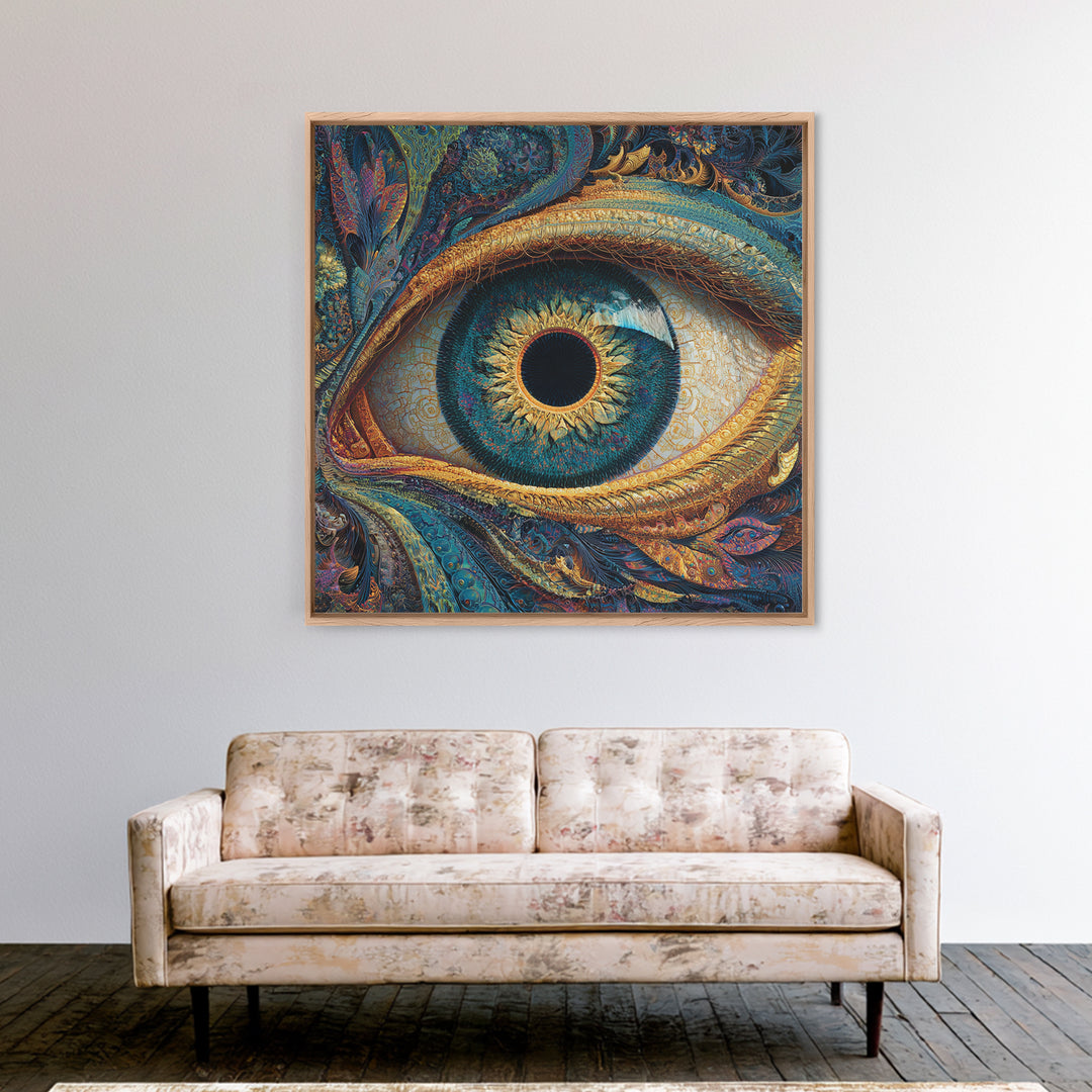 Surreal Golden Eye With Intricate Abstract Patterns Wall Art, Mystical Fantasy Canvas Print For Modern Home Decor