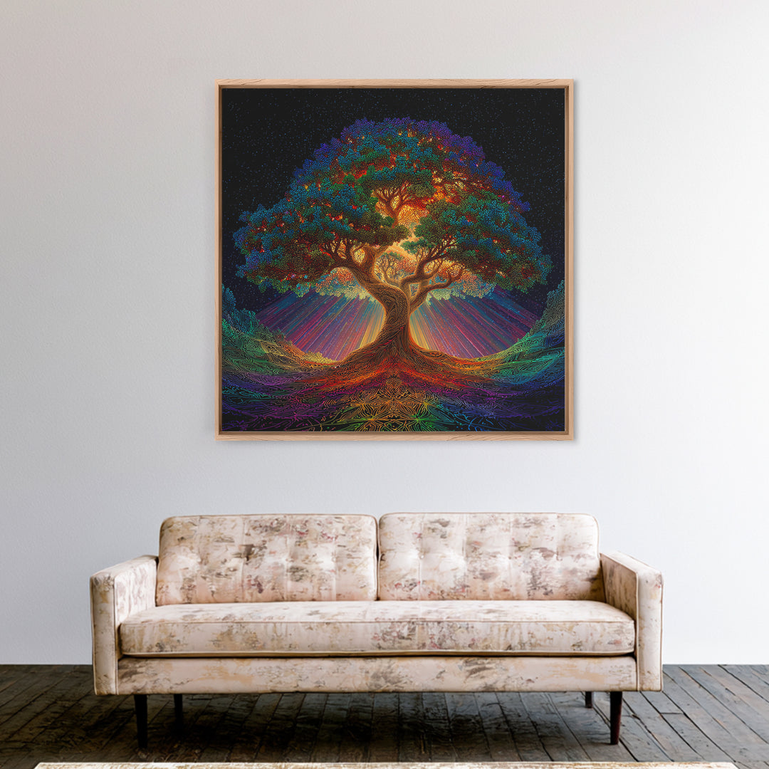 Rainbow Tree Of Life Under Starry Sky Psychedelic Landscape Wall Art Canvas Print Boho Spiritual Home Decor