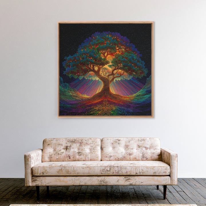 Rainbow Tree Of Life Under Starry Sky Psychedelic Landscape Wall Art Canvas Print Boho Spiritual Home Decor