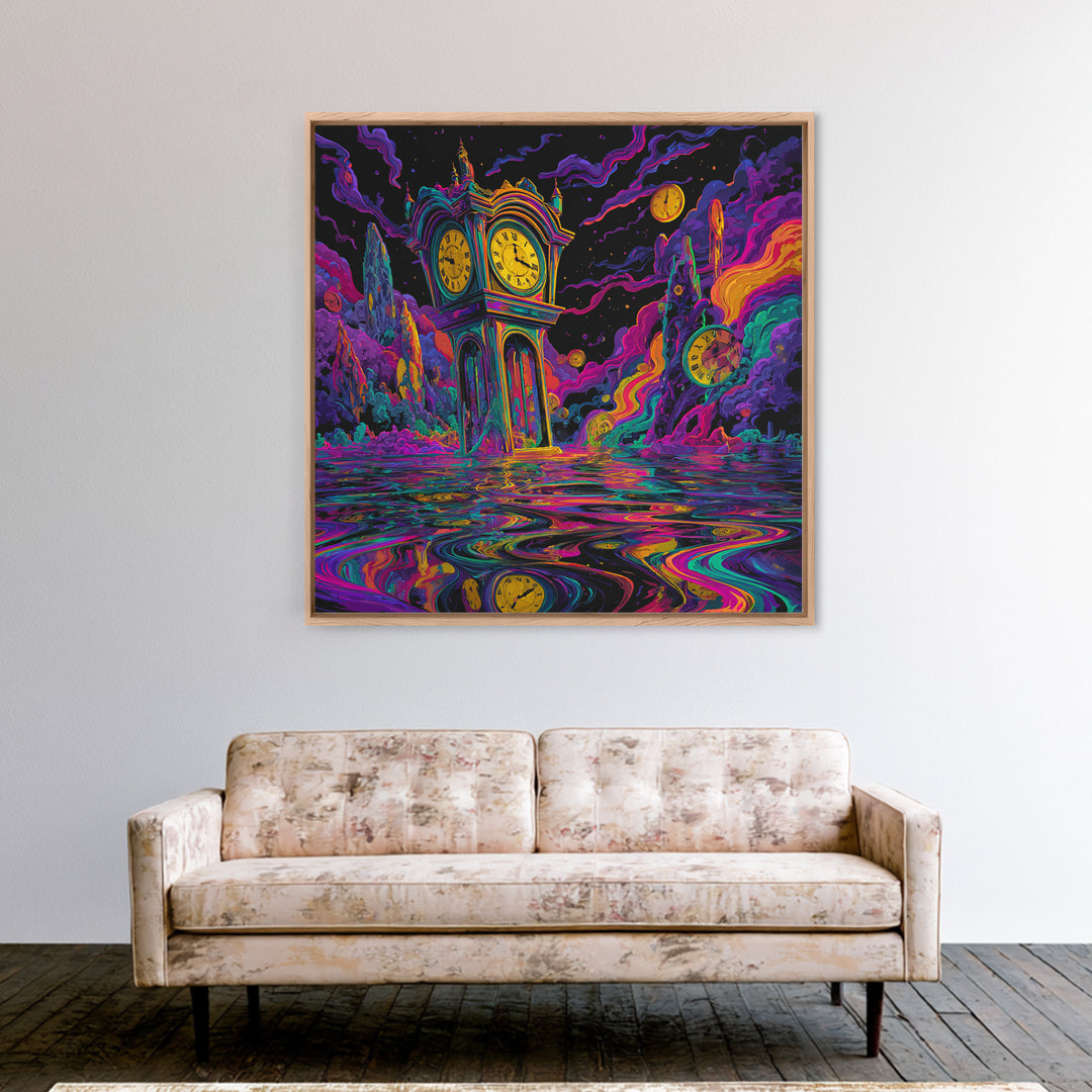 Surreal Neon Clock Dreamscape Wall Art, Psychedelic Abstract Landscape Canvas Print, Colorful Trippy Home Decor