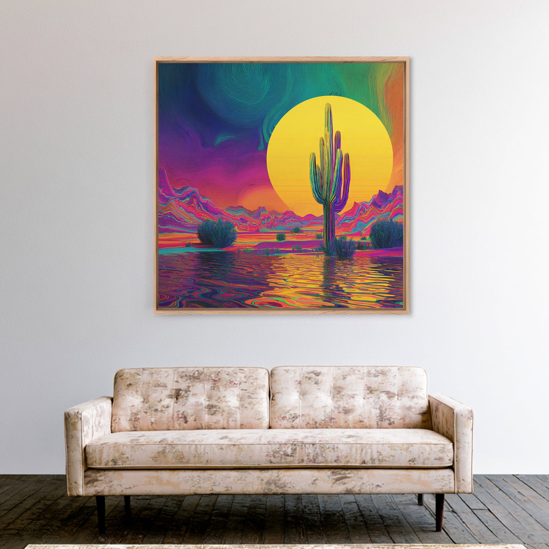 Psychedelic Desert Cactus Wall Art, Vibrant Sunset Landscape Canvas Print, Colorful Boho Western Home Decor