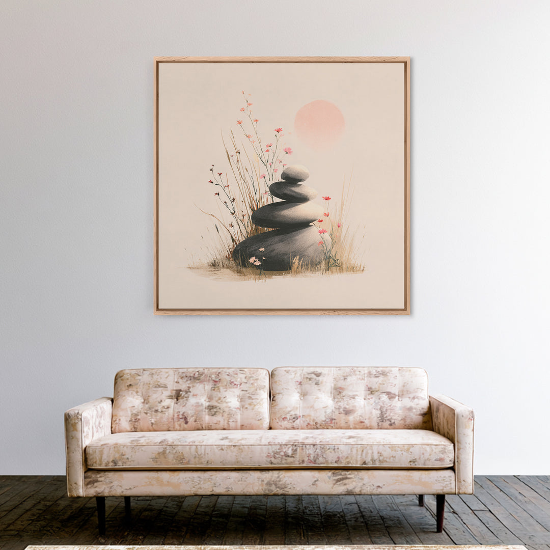 Zen Stacked Stones And Wildflowers Wall Art, Minimalist Meditation Canvas Print, Japandi Spa Decor, Calming Gift For Her