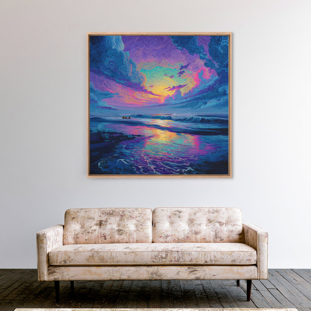 Psychedelic Ocean Sunset Waves Colorful Wall Art Print, Abstract Seascape Painting, Modern Coastal Home Decor Wall Art
