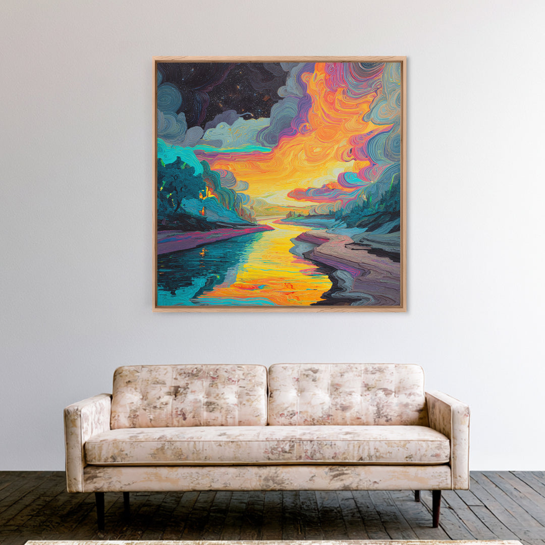 Psychedelic River Sunset Wall Art, Colorful Abstract Landscape Painting, Modern Boho Home Decor, Living Room Canvas Print