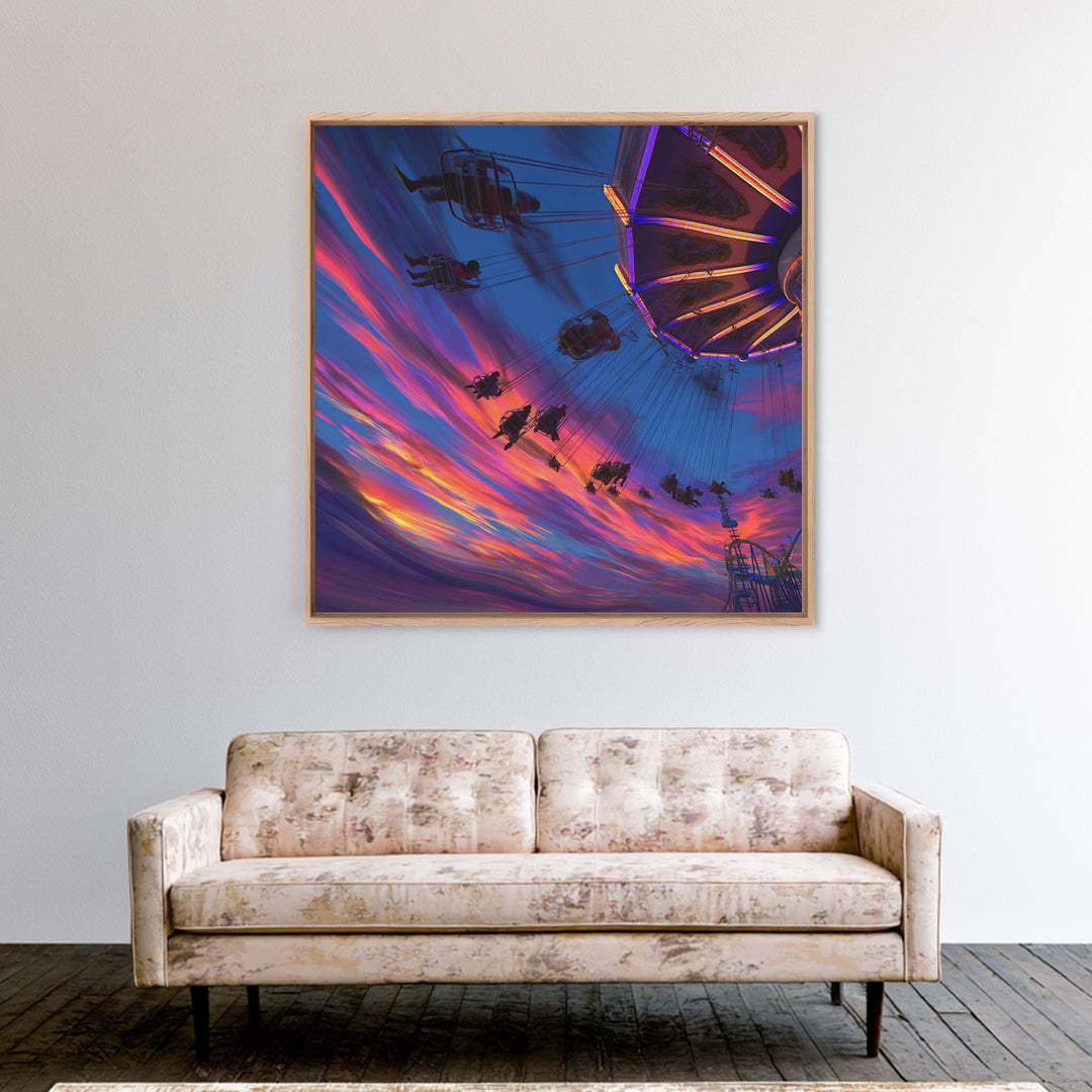 Dynamic Amusement Park Swing Ride Sunset Scene Vibrant Abstract Wall Art Framed Canvas Print For Living Room
