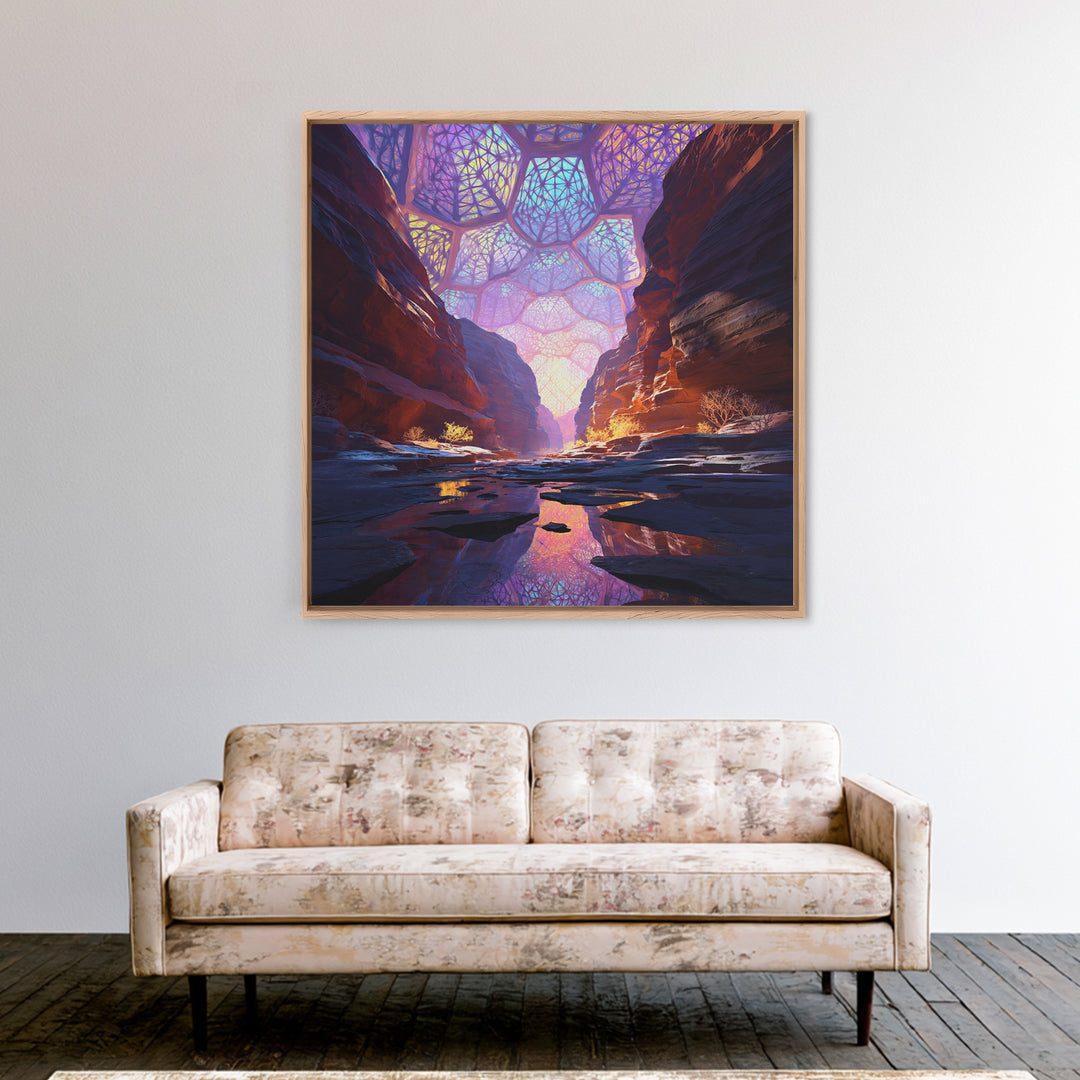 Surreal Canyon With Stained Glass Sky Wall Art, Colorful Fantasy Landscape Canvas Print, Unique Home Decor
