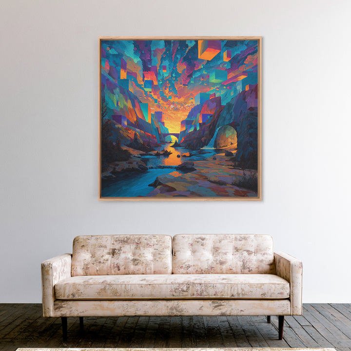 Surreal Canyon With Floating Cubes Canvas Print, Colorful Abstract Landscape Wall Art, Fantasy Home Decor, Modern Art Gift