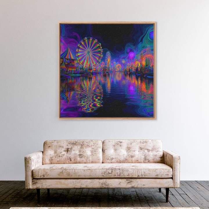 Neon Carnival At Night Abstract Wall Art, Psychedelic Ferris Wheel Canvas Print, Colorful Dopamine Decor Gaming Room Art