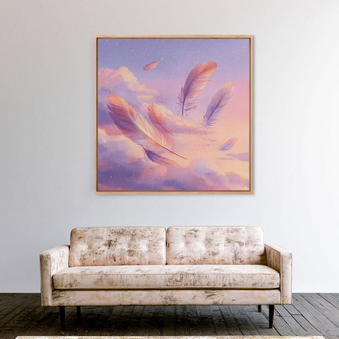 Floating Pink Feathers Wall Art, Dreamy Celestial Canvas Print, Pastel Cloud Decor, Whimsical Nursery Bedroom Gift For Her