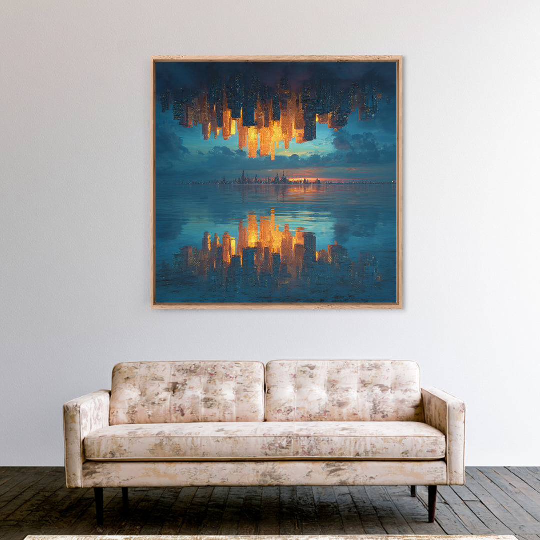 Upside Down Skyline Reflected On Water Wall Art, Surreal Cityscape Canvas Print, Modern Urban Decor For Living Room And Office
