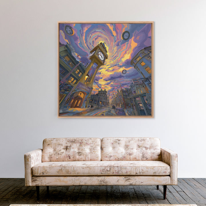 Surreal Cityscape With Clock Tower And Swirling Sky At Sunset Wall Art Framed Canvas Print For Home Decor