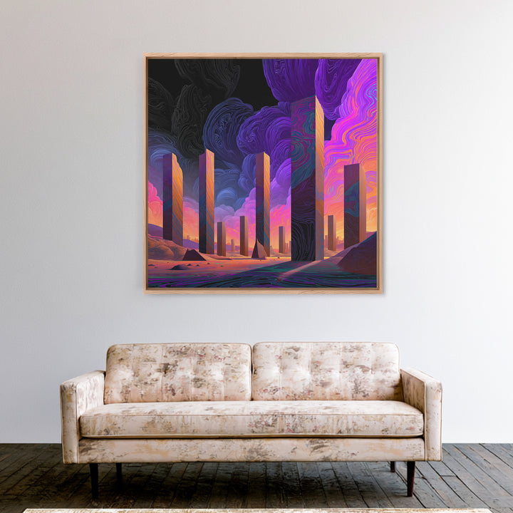 Neon Desert Monoliths Under Purple Sky Canvas Print, Futuristic Landscape Wall Art, Sci Fi Abstract Decor For Modern Home