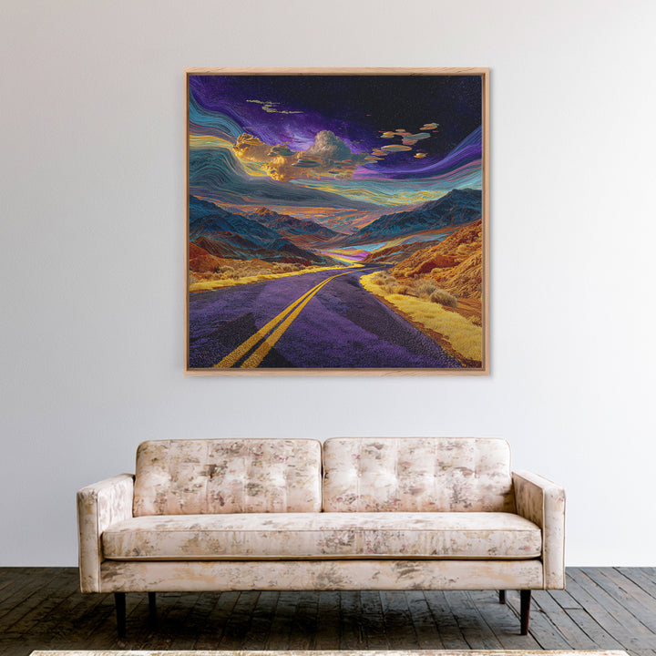 Cosmic Desert Highway Under Swirling Galaxy Sky Wall Art, Surreal Colorful Landscape Canvas Print, Modern Decor
