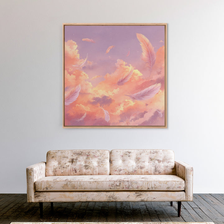 Pink Feather Sky Canvas Print, Dreamy Cloud Wall Decor, Celestial Nursery Art, Soft Pastel Bedroom Decor Gift For Her Art Print