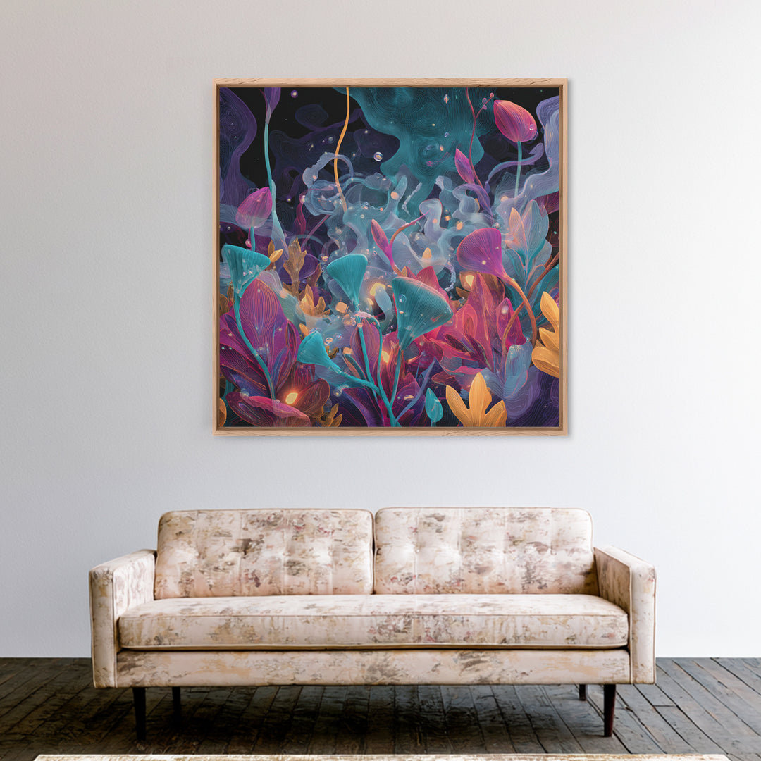 Glowing Alien Garden With Teal And Magenta Flowers Canvas Print, Psychedelic Botanical Wall Art, Whimsical Room Decor Gift