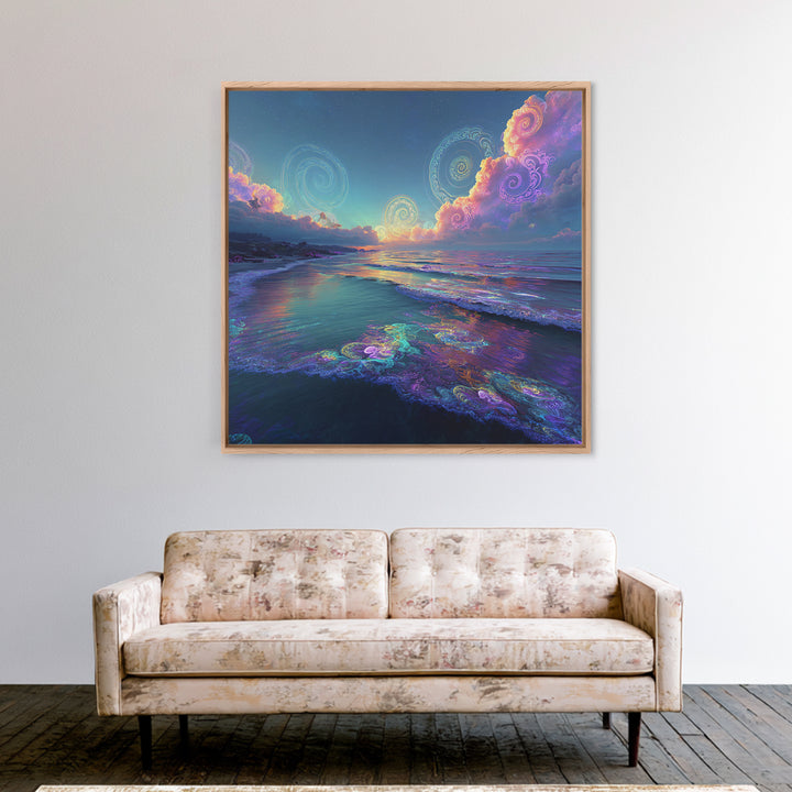 Surreal Neon Ocean Sunset Canvas Print, Retro Coastal Wall Art, Beach House Decor, Modern Seascape Wall Art For Living Room