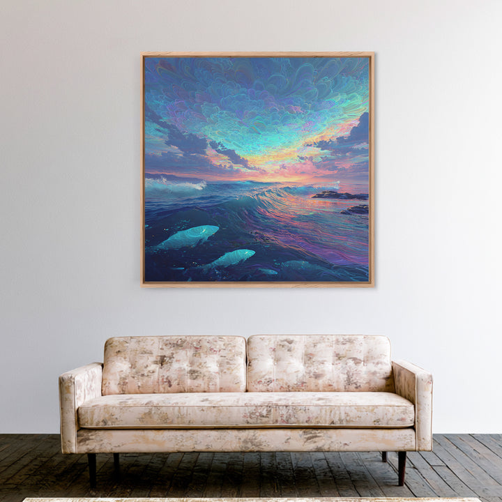 Dreamy Ocean Wave Sunset Wall Art Canvas Print, Colorful Seascape Painting, Modern Coastal Decor, Beach House Wall Art